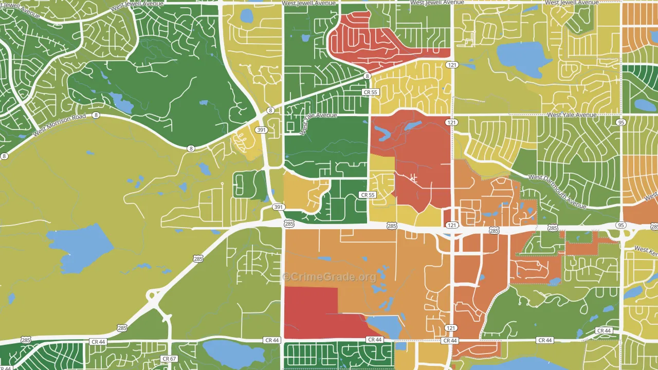 Bear Creek, Lakewood, CO Map of Theft Rates