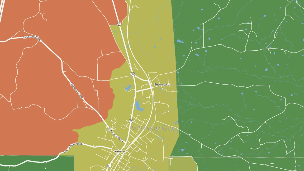 Beauregard, MS Map of Theft Rates
