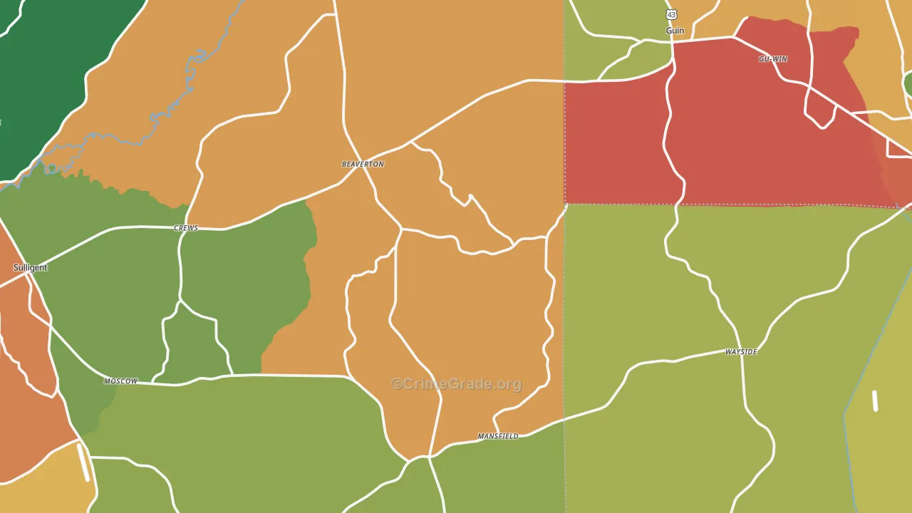 Beaverton, AL Map of Theft Rates