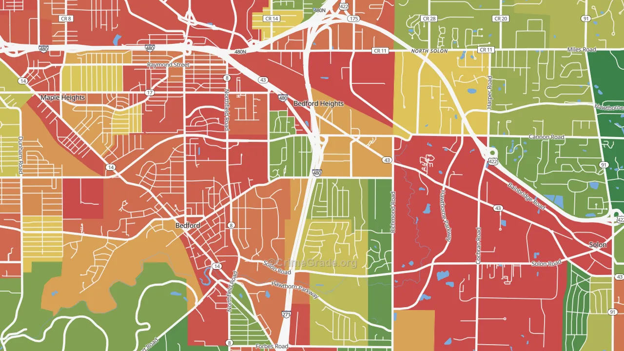 Bedford Heights, OH Map of Theft Rates