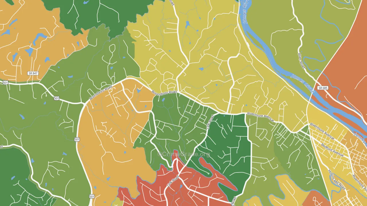 Bedford Hills, Lynchburg, VA Map of Theft Rates