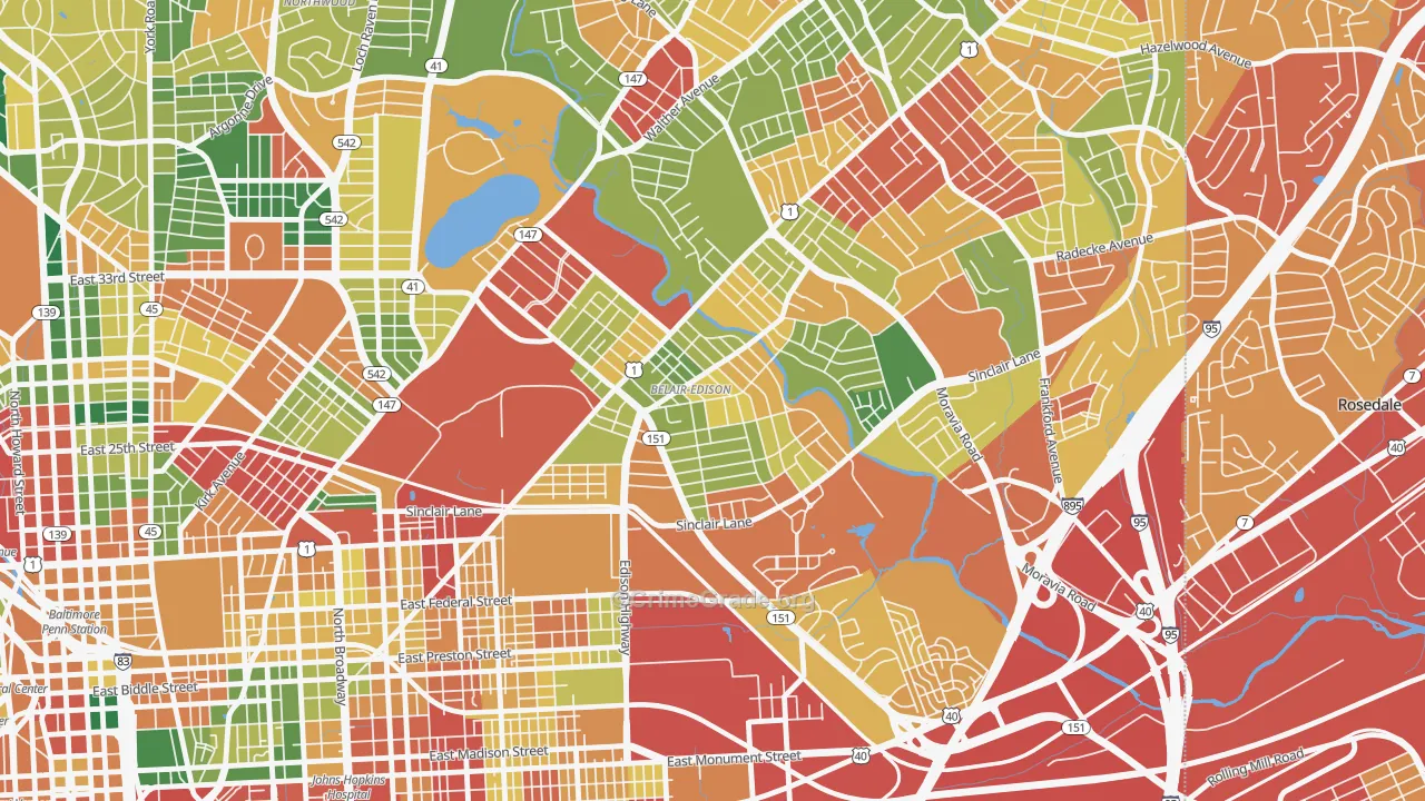 Belair-Edison, Baltimore, MD Map of Theft Rates