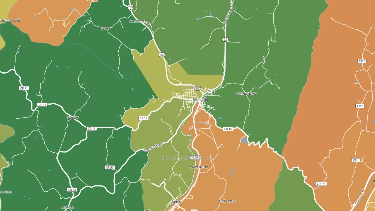 Belington, WV Map of Theft Rates