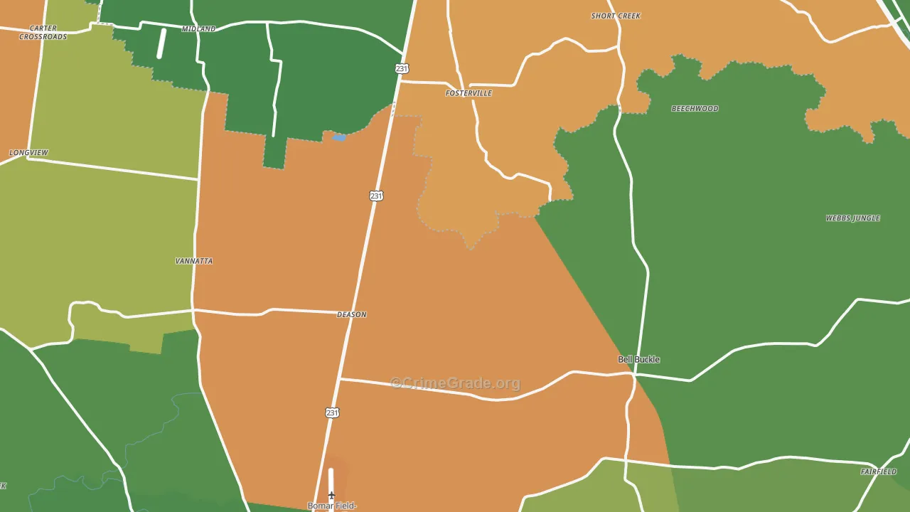 Bell Buckle, TN Map of Theft Rates