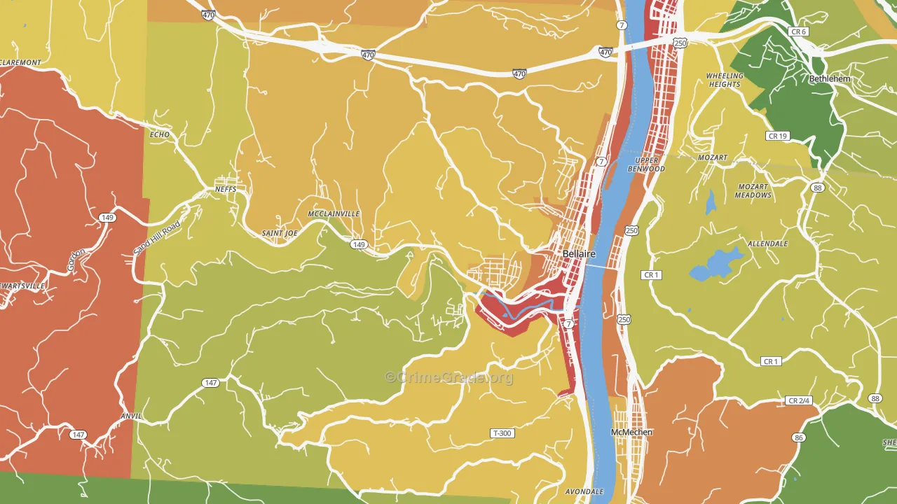 Bellaire, OH Map of Theft Rates