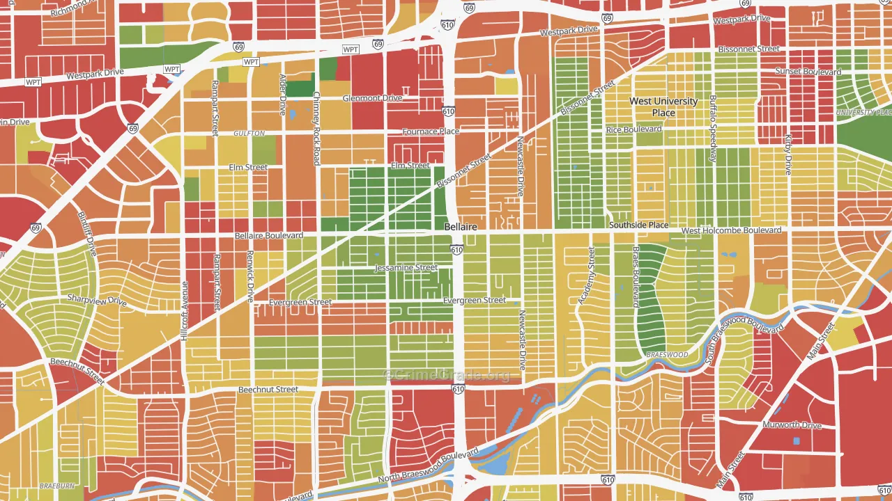 Bellaire, TX Map of Theft Rates