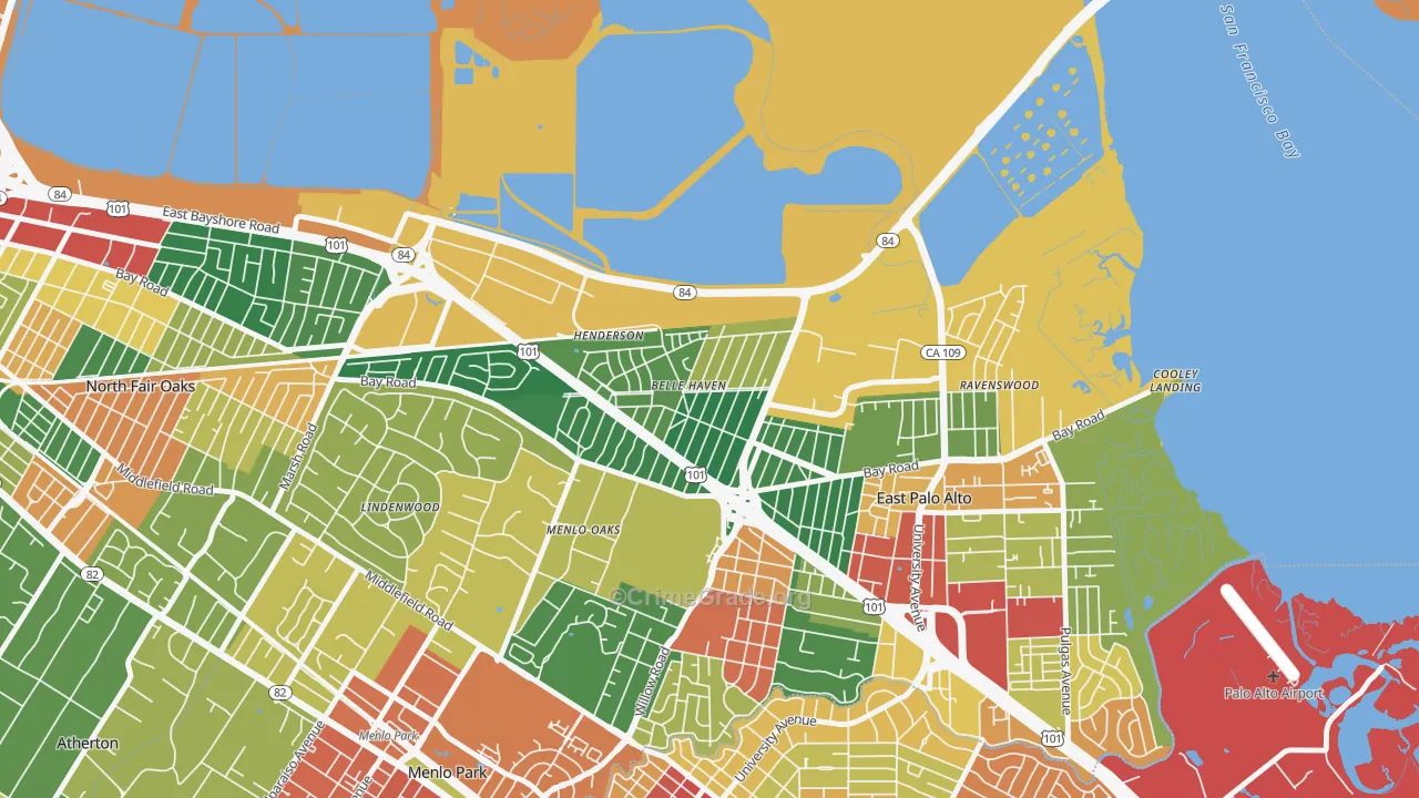Belle Haven, Menlo Park, CA Map of Theft Rates