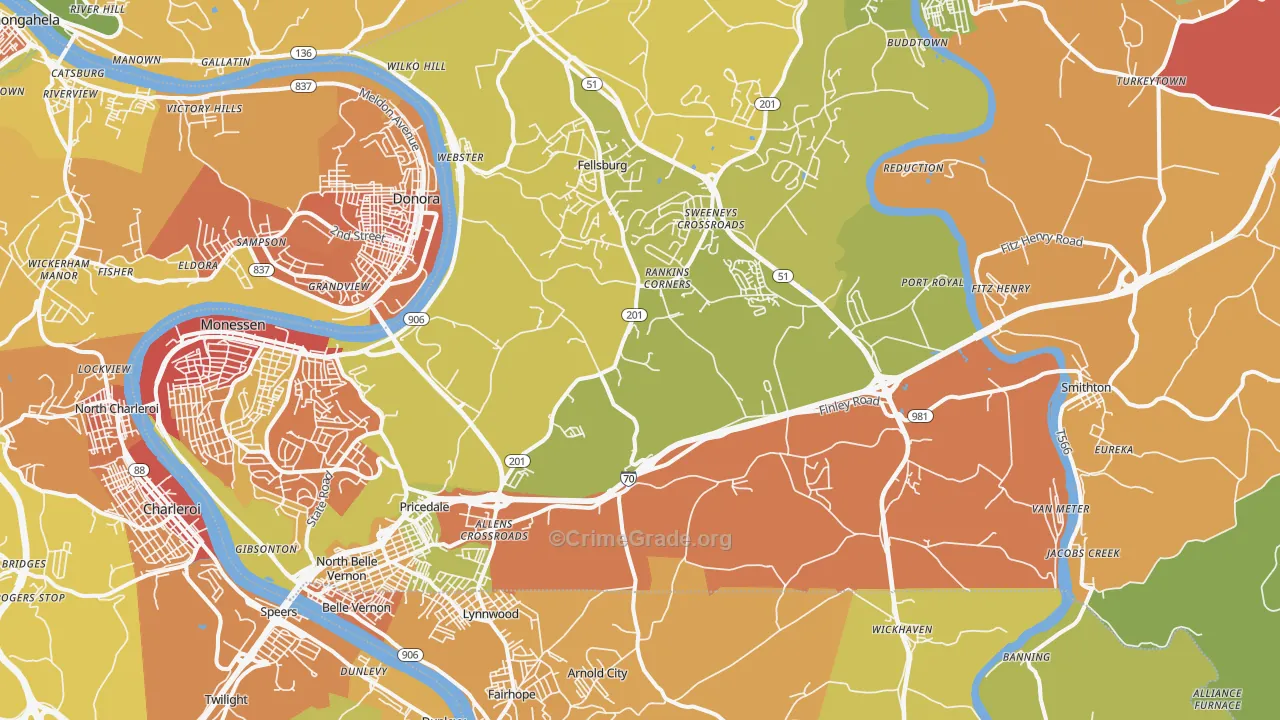 Belle Vernon, PA Map of Theft Rates