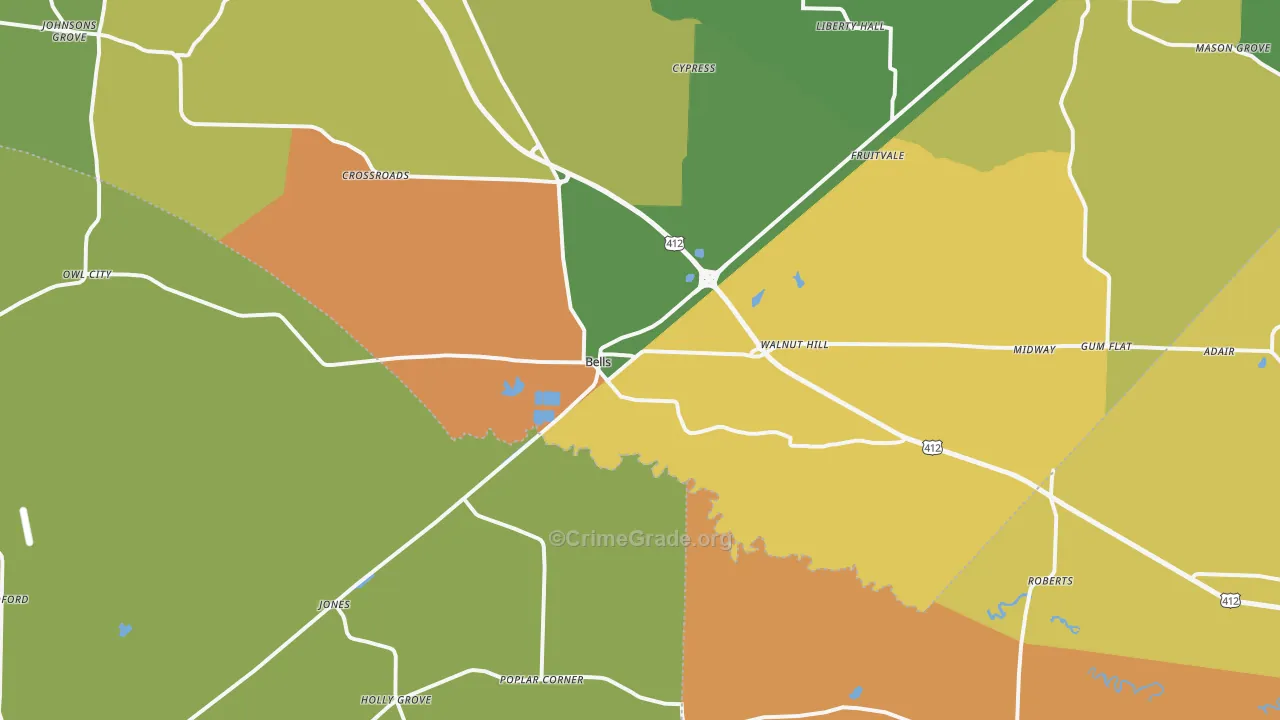 Bells, TN Map of Theft Rates