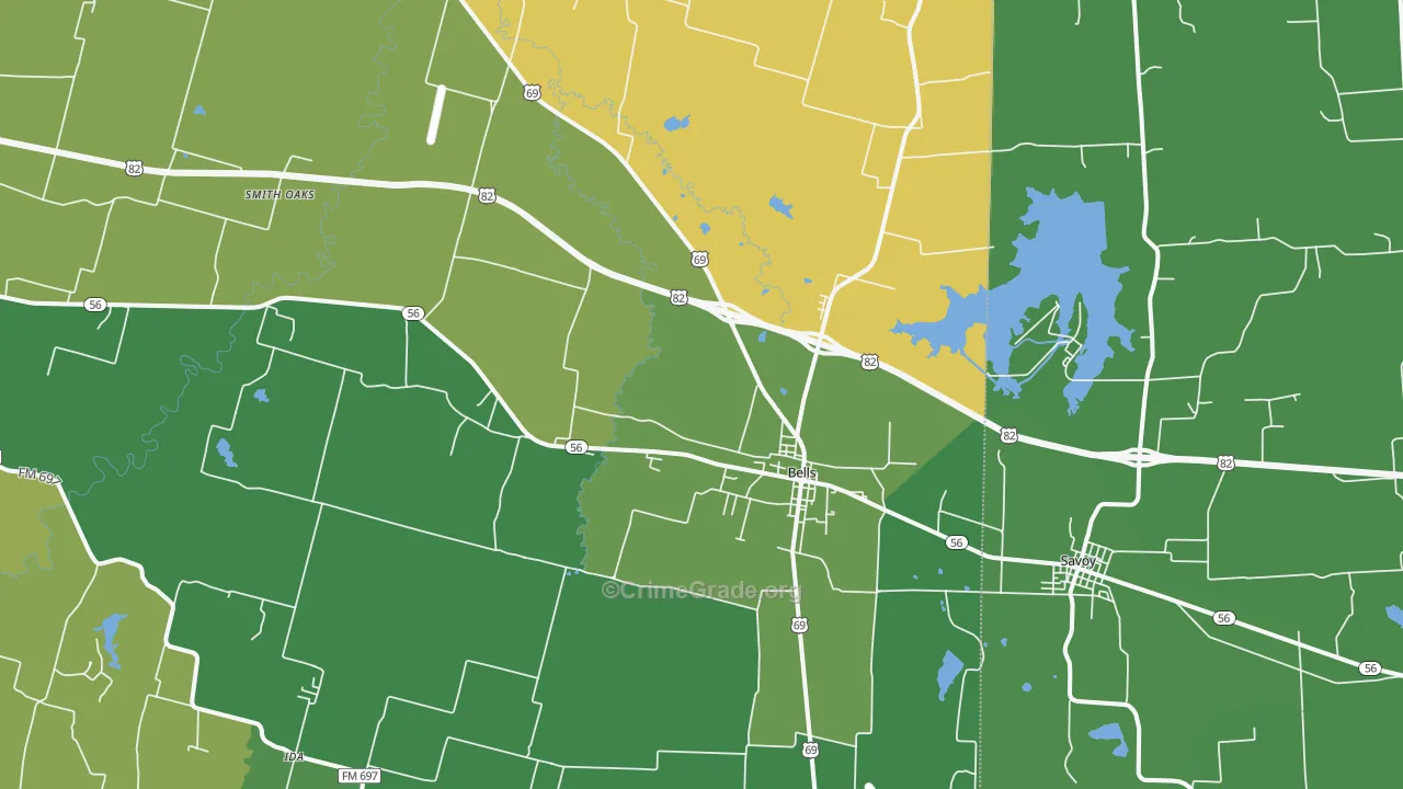 Bells, TX Map of Theft Rates