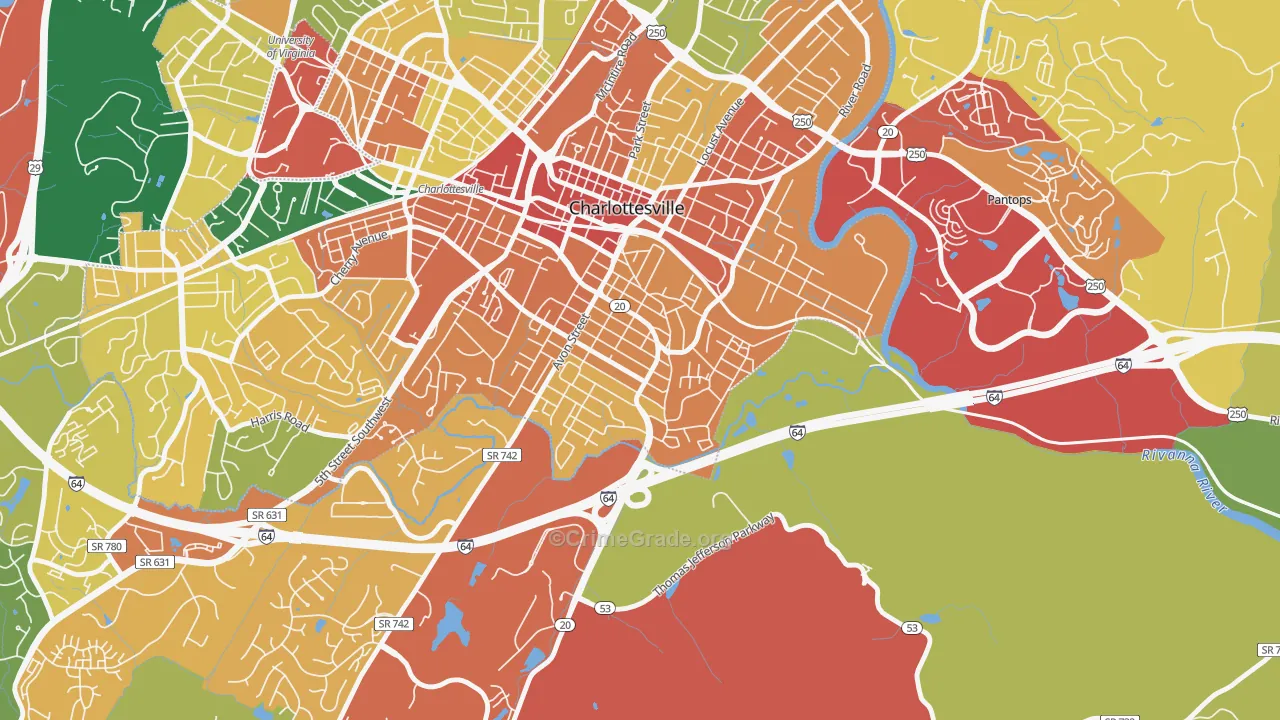 Belmont-Charlottesville, Charlottesville, VA Map of Theft Rates