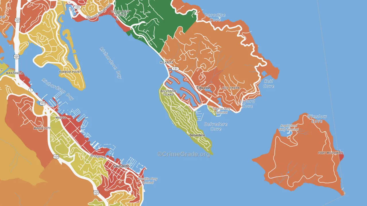 Belvedere, CA Map of Theft Rates