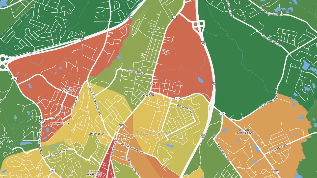 Belvedere, SC Map of Theft Rates