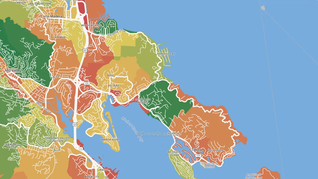 Belvedere-Tiburon, CA Map of Theft Rates