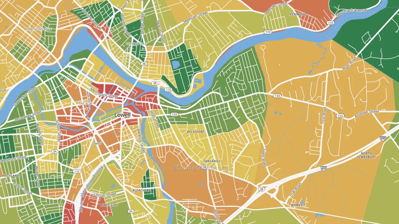 Belvidere, Lowell, MA Map of Theft Rates