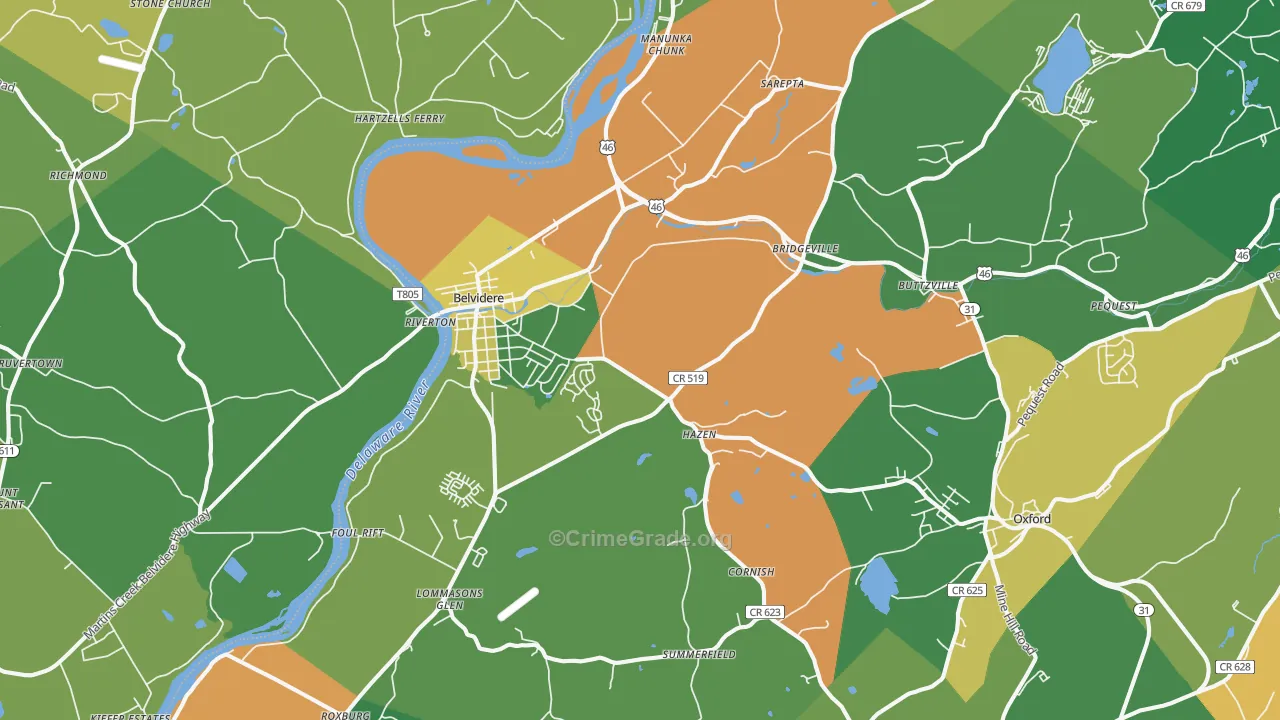 Belvidere, NJ Map of Theft Rates