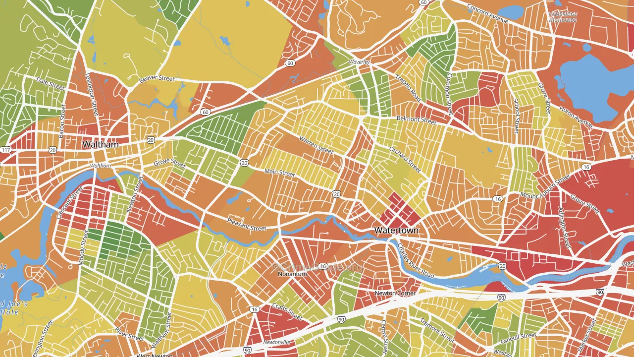 Bemis, Watertown Town, MA Map of Theft Rates