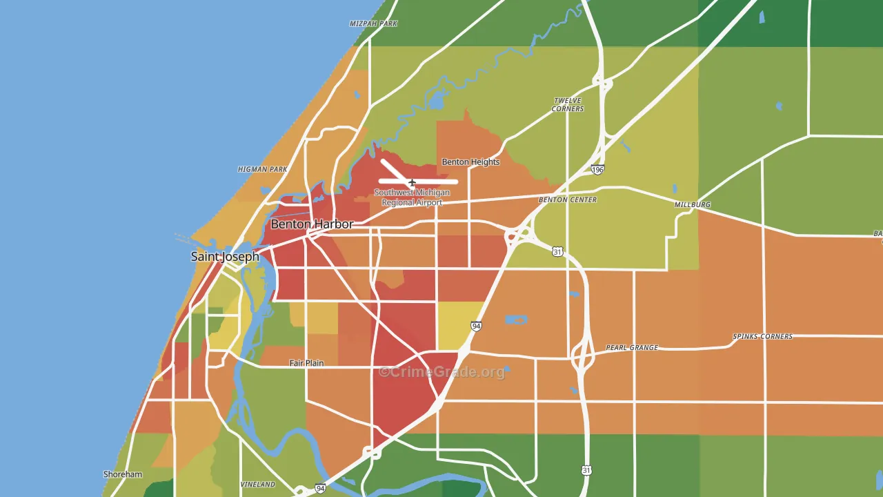 Benton Harbor, MI Map of Theft Rates