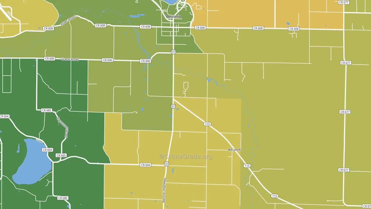 Benzonia, MI Map of Theft Rates