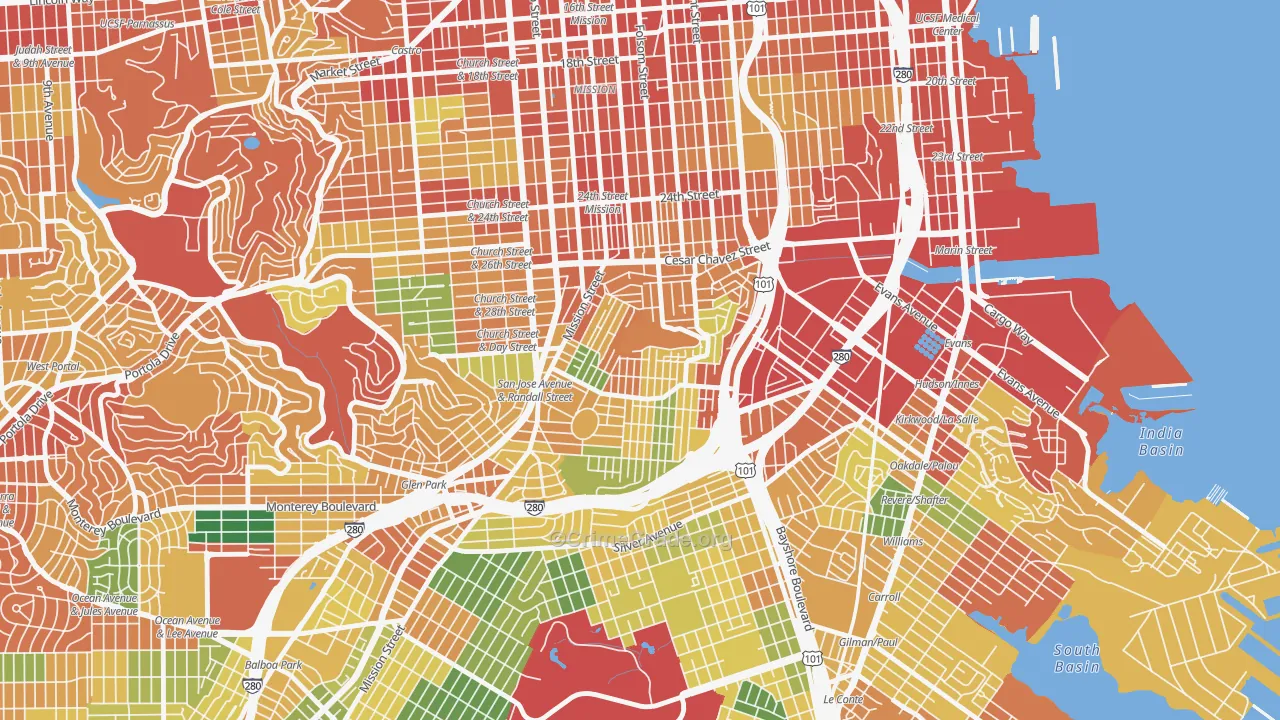 Bernal Heights, San Francisco, CA Map of Theft Rates