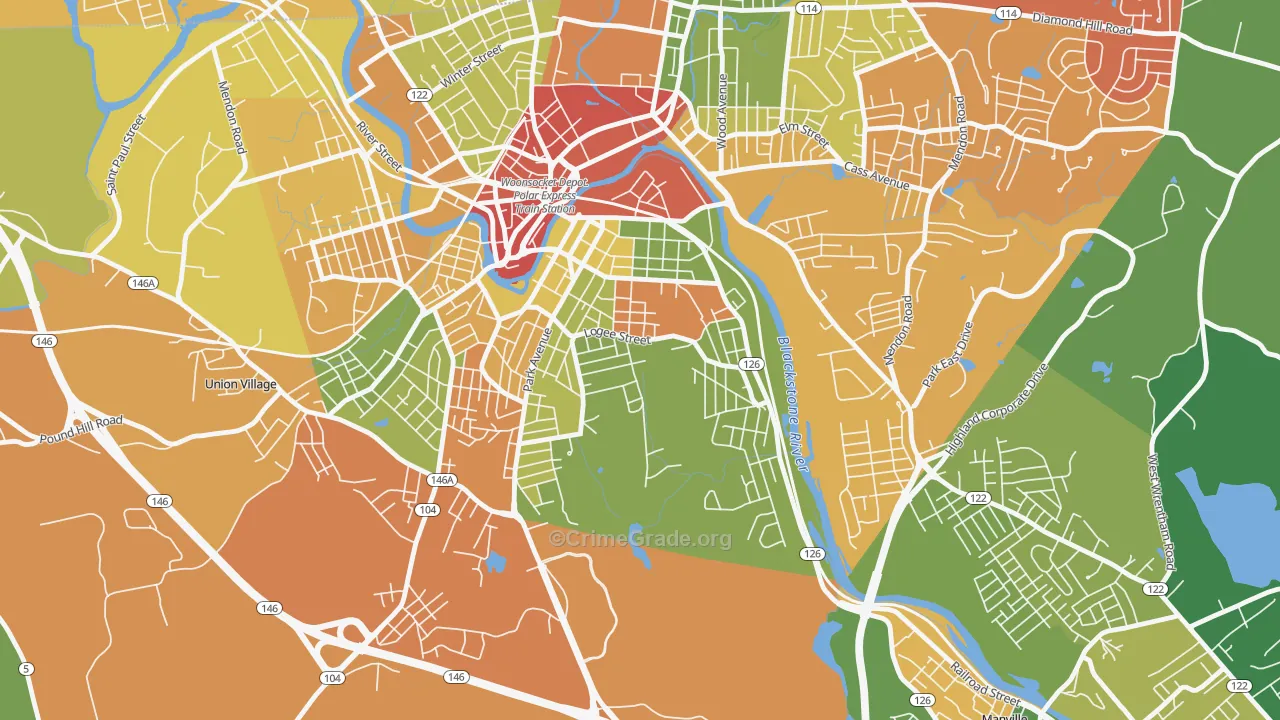 Bernon Heights, Woonsocket, RI Map of Theft Rates