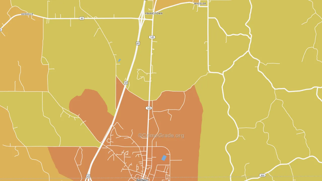 Bethany, MS Map of Theft Rates