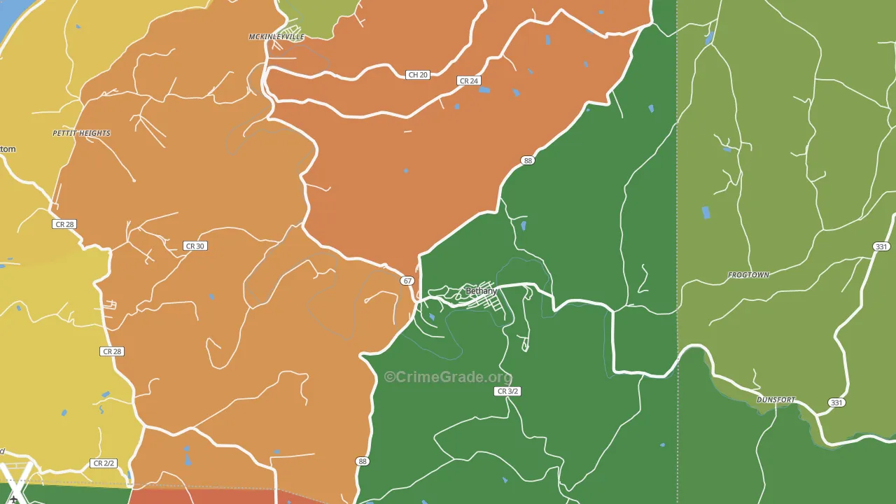 Bethany, WV Map of Theft Rates