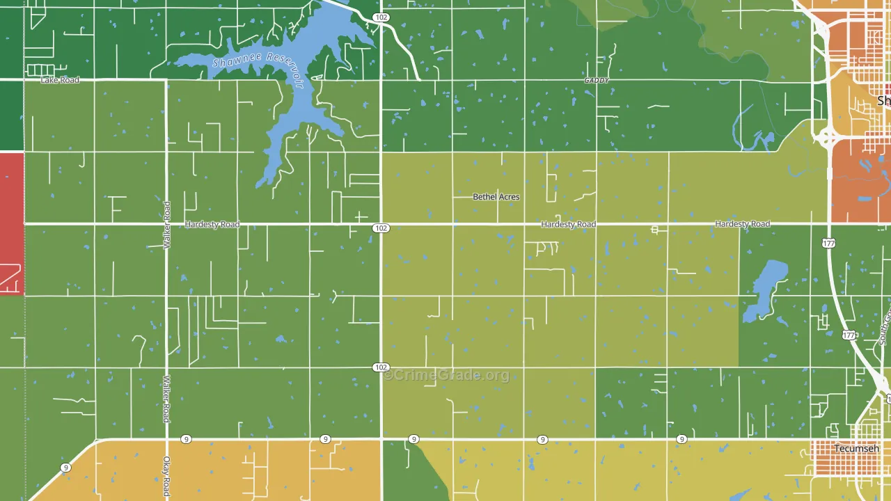 Bethel Acres, OK Map of Theft Rates