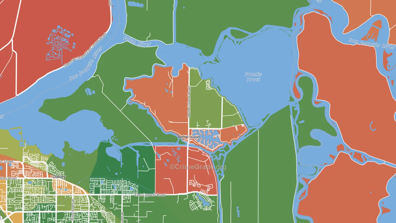 Bethel Island, CA Map of Theft Rates