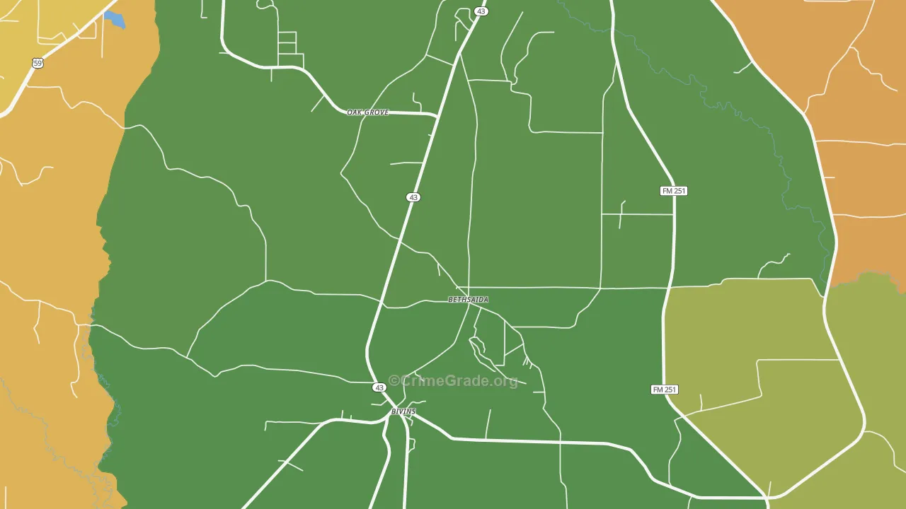 Bethsaida, TX Map of Theft Rates