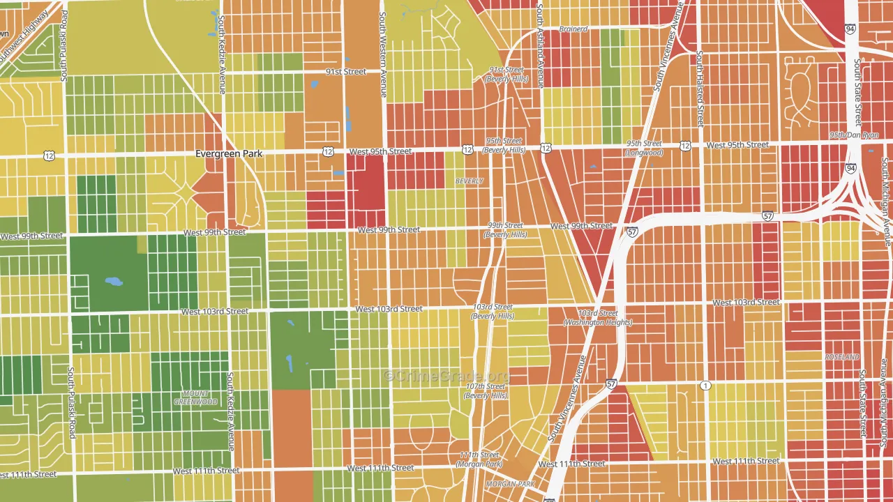 Beverly, Chicago, IL Map of Theft Rates