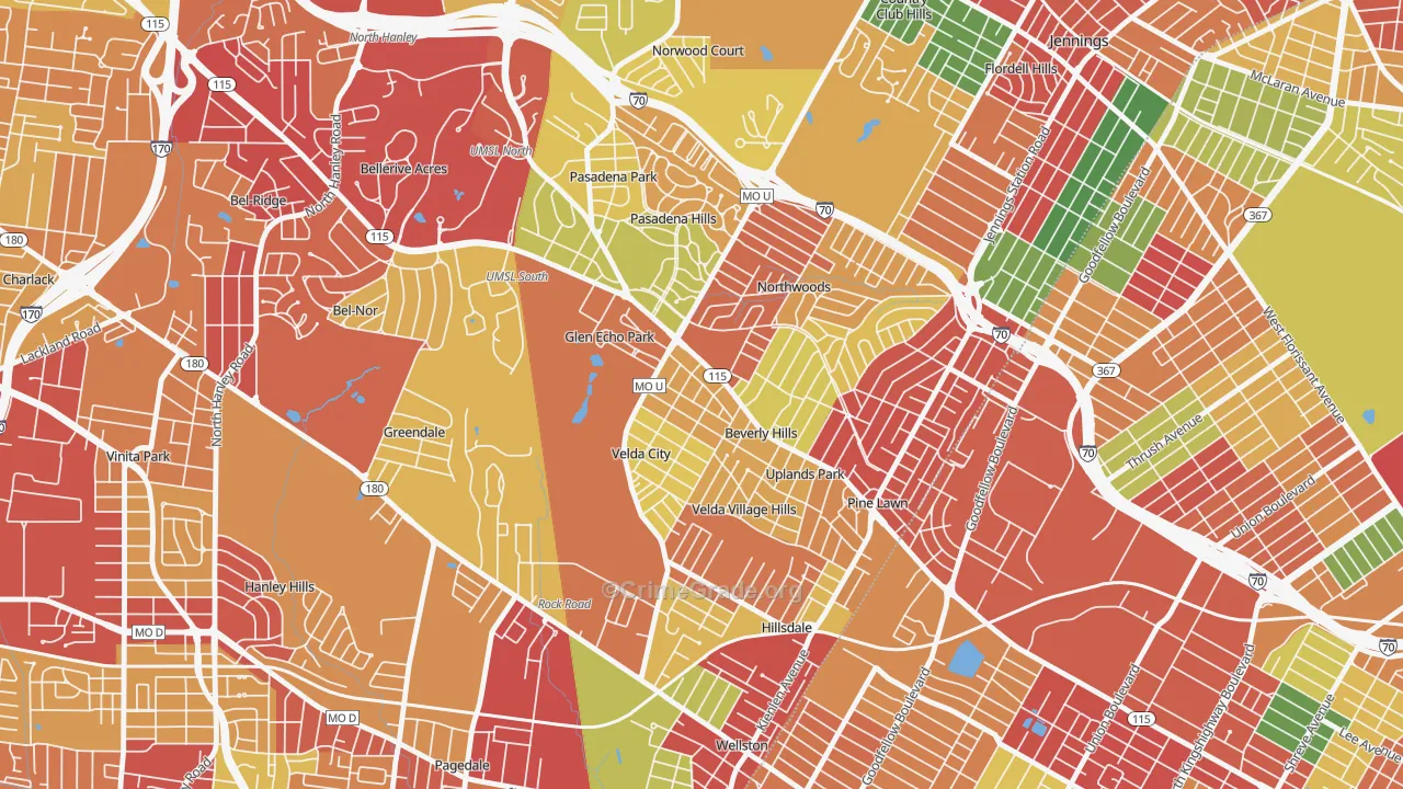 Beverly Hills, MO Map of Theft Rates