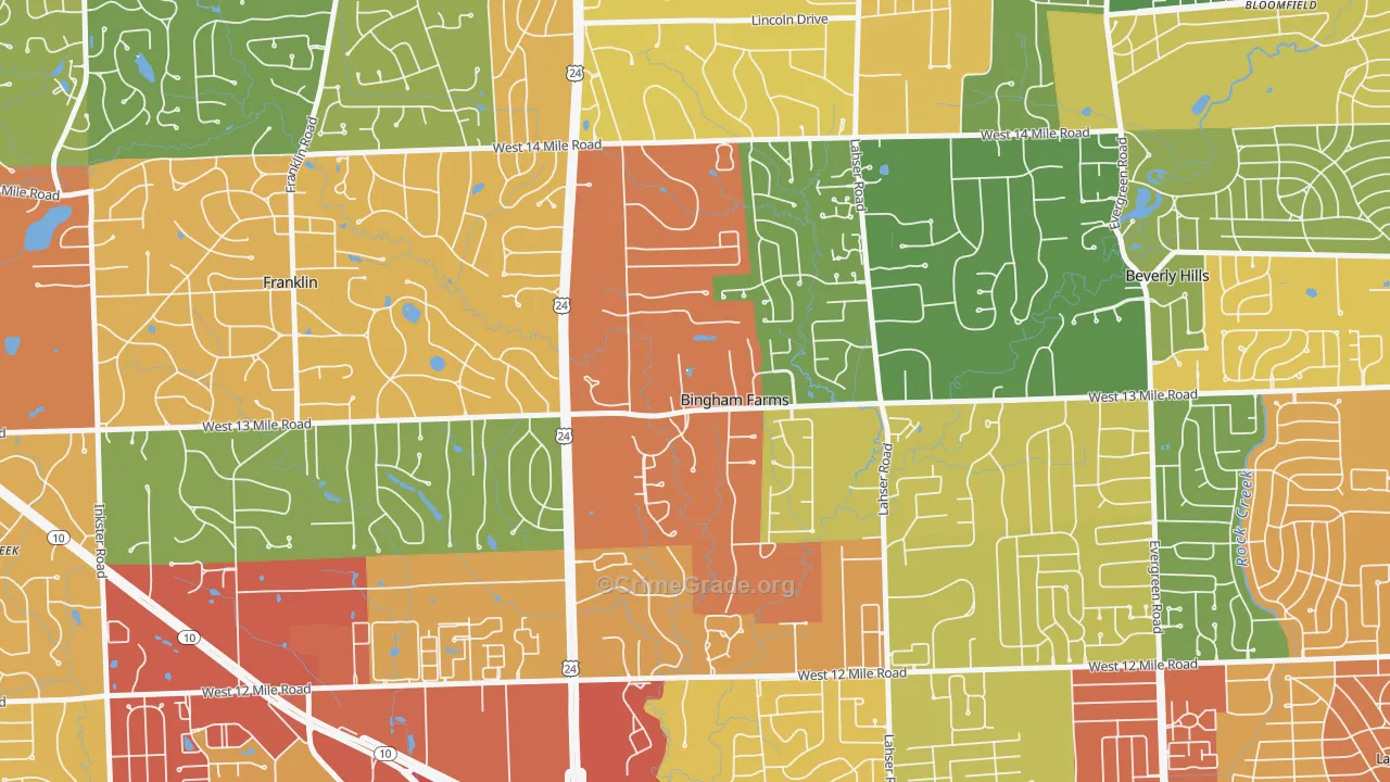 Bingham Farms, MI Map of Theft Rates