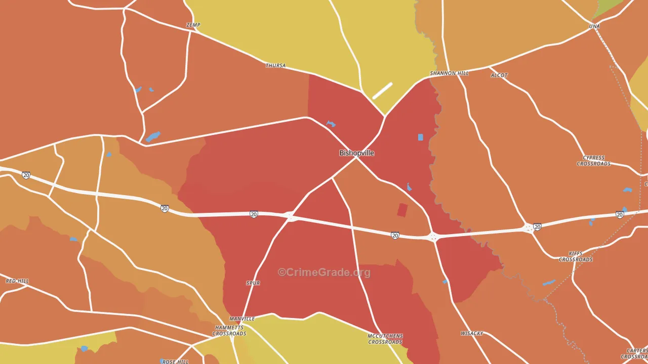 Bishopville, SC Map of Theft Rates