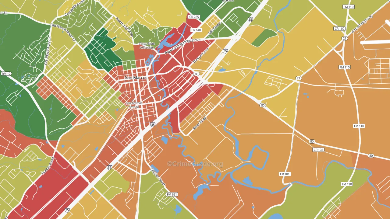 Blanco Gardens, San Marcos, TX Map of Theft Rates