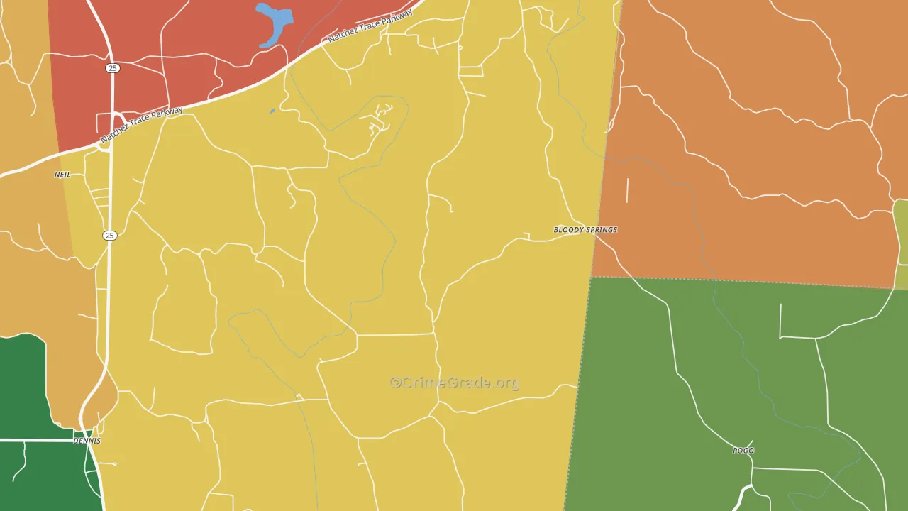 Bloody Springs, MS Map of Theft Rates