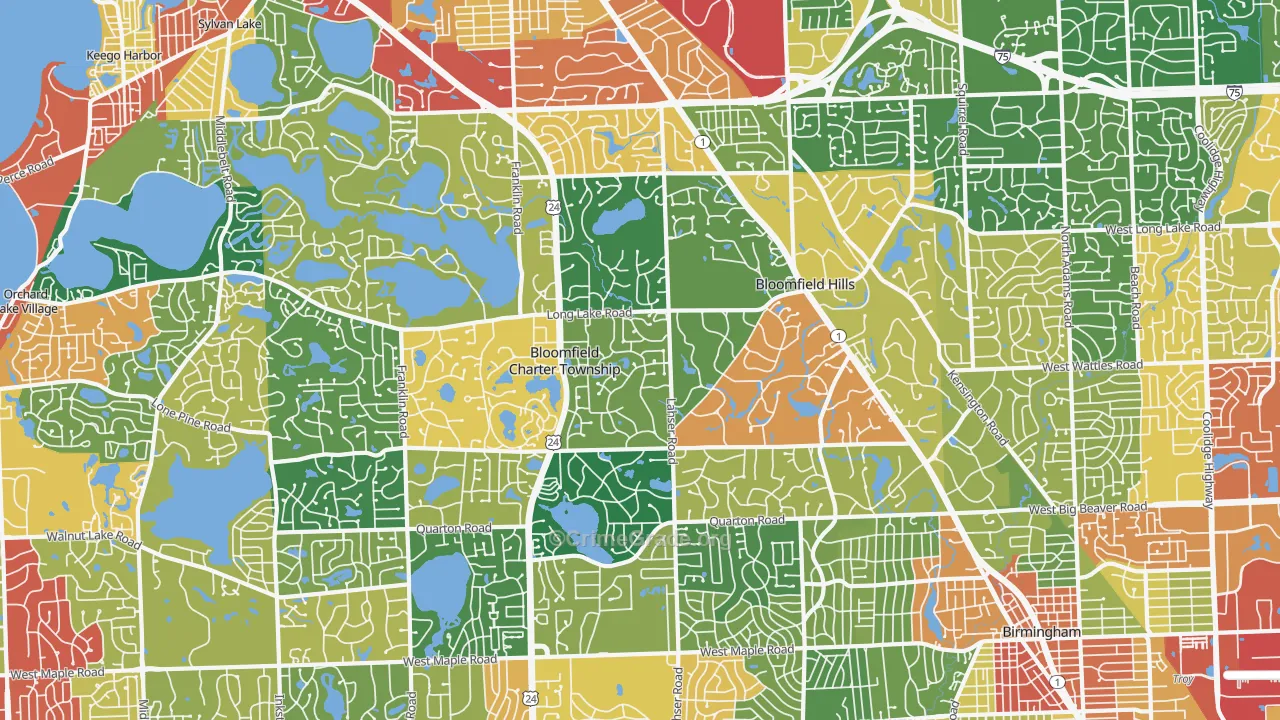 Bloomfield Hills, MI Map of Theft Rates