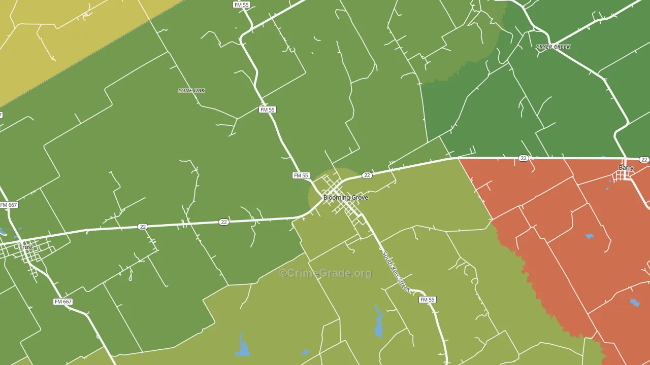 Blooming Grove, TX Map of Theft Rates