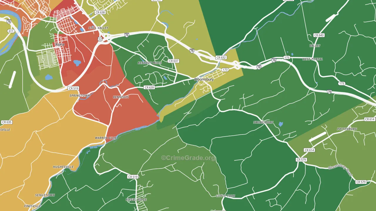 Bloomsbury, NJ Map of Theft Rates