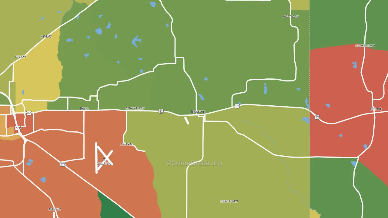 Blossom, TX Map of Theft Rates