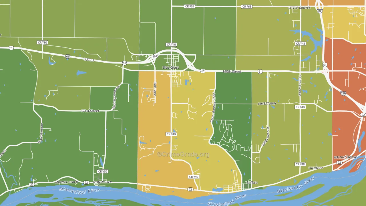 Blue Grass, IA Map of Theft Rates