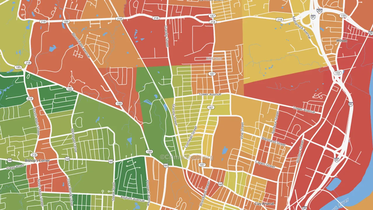Blue Hills, Hartford, CT Map of Theft Rates