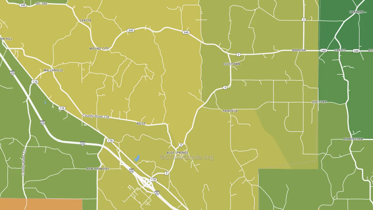 Blue Springs, MS Map of Theft Rates