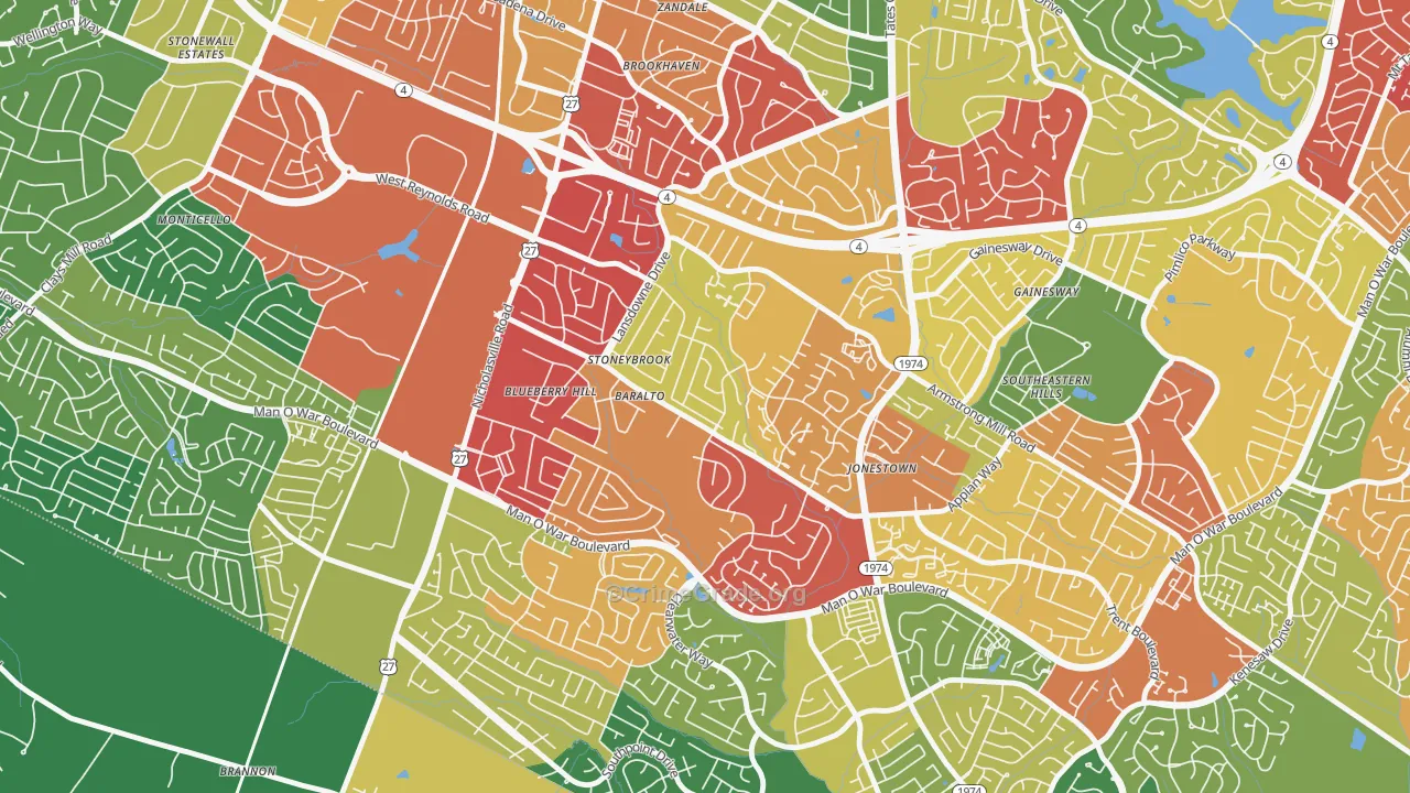 Blueberry Hill-Brigadoon-Stoneybrook, Lexington, KY Map of Theft Rates