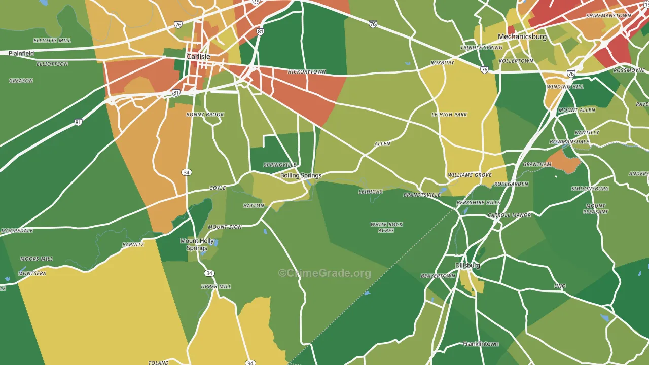 Boiling Springs, PA Map of Theft Rates