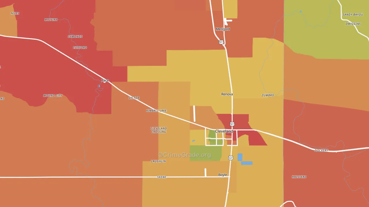 Bolivar County, MS Map of Theft Rates