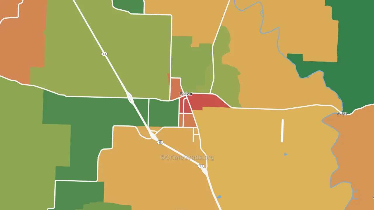 Bolivar, MO Map of Theft Rates