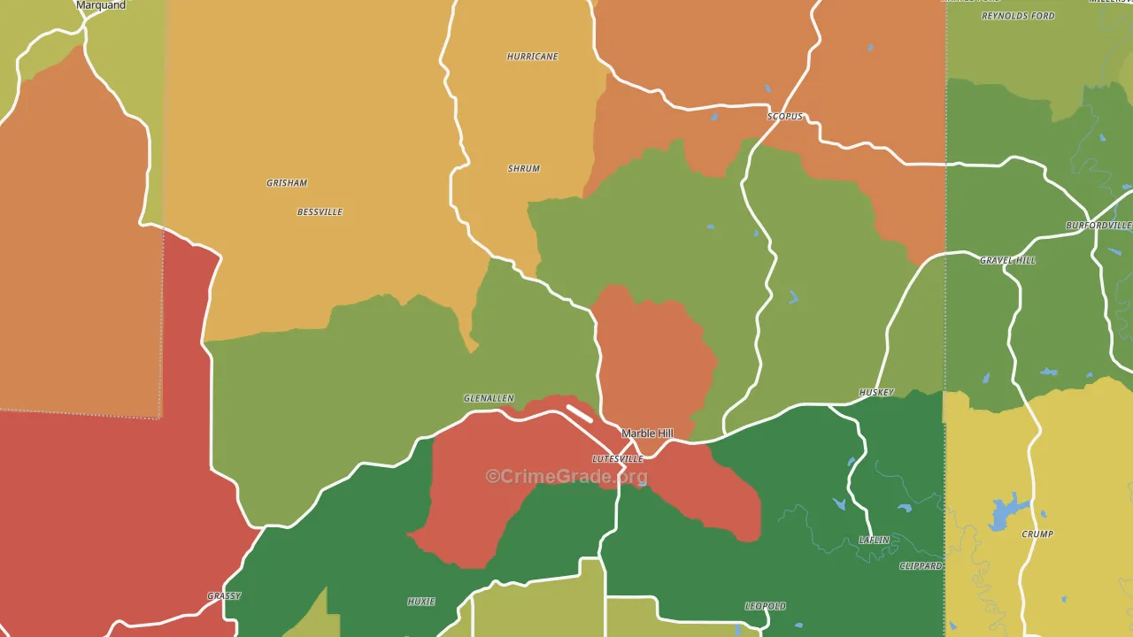 Bollinger County, MO Map of Theft Rates