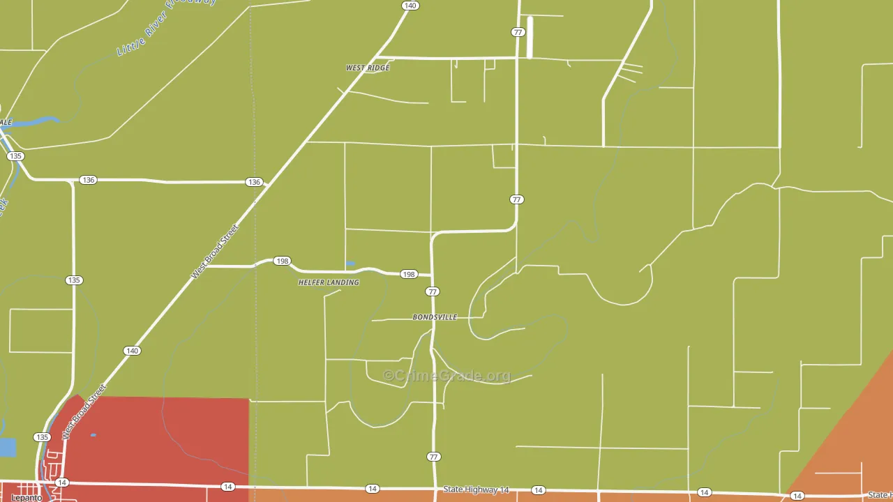 Bondsville, AR Map of Theft Rates