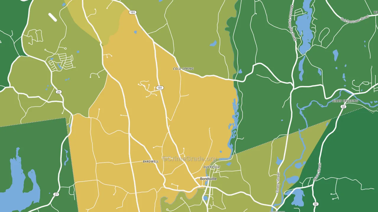 Bondsville, MA Map of Theft Rates